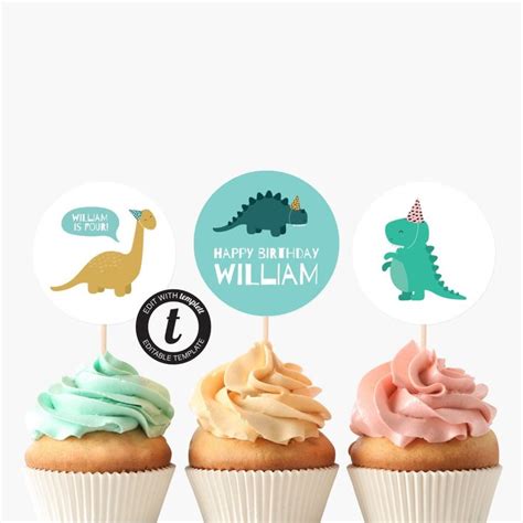 DIY EDITABLE TEMPLATE Dinosaur Cupcake Toppers (Printable Digital File ...