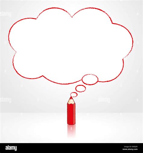 Red Pencil With Reflection Drawing Fluffy Cloud Shaped Think Bubble On