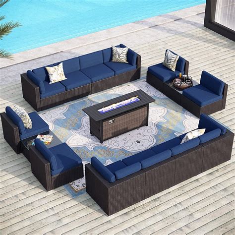 Sophia And William Patio Furniture Set With Fire Pit Table 15 Piece Outdoor Wicker Conversation