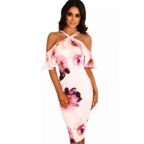 Pink Floral Frill Cold Shoulder Midi Dress Pink Floral Frill Cold