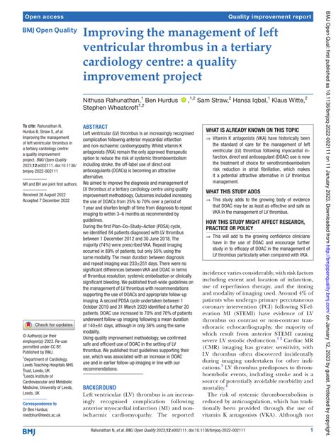 Pdf Improving The Management Of Left Ventricular Thrombus In A Tertiary Cardiology Centre A