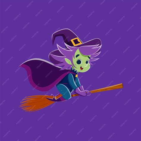 Premium Vector Halloween Witch Character Soars Astride Her Broomstick