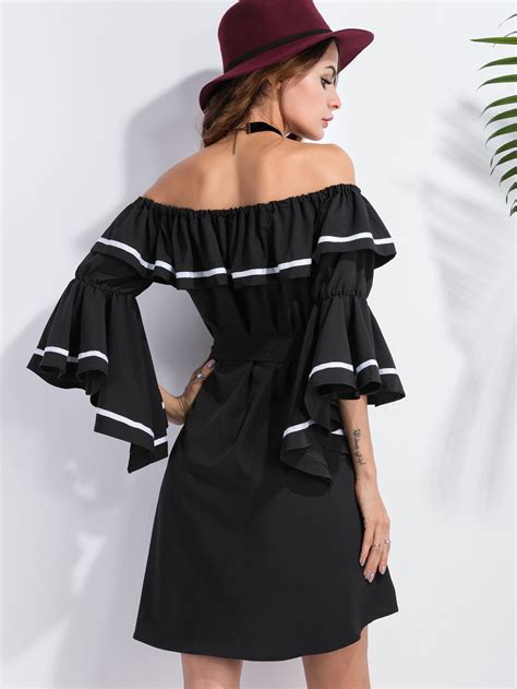 Off The Shoulder Bell Sleeve Ruffle Trim Dress Shein Sheinside