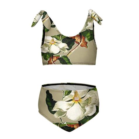 Vintage White Magnolia Pattern On Khaki Background Girl S 2 Piece Bikini Set Beach Sport