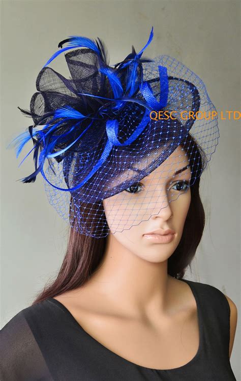 Royal Blue Navy Blue Sinamay Fascinator With Feathers And Veiling For