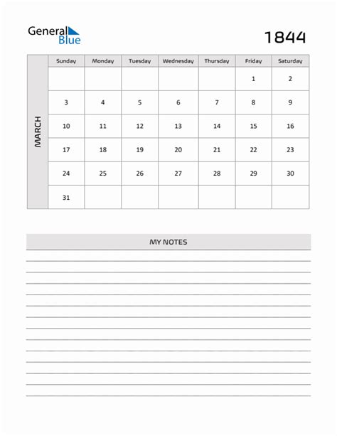 March 1844 Printable Monthly Calendar With Notes