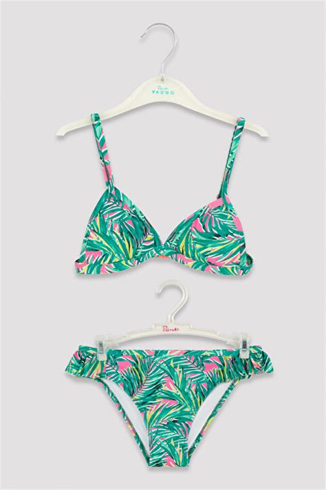 Çok Renkli Kız Çocuk Palm Neon Triangle Bikini Set PLQD K IY MIX