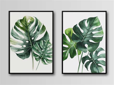 Monstera Leaf Set Of 2 Plant Wall Art Digital Print Monstera Tropical Plant Watercolor