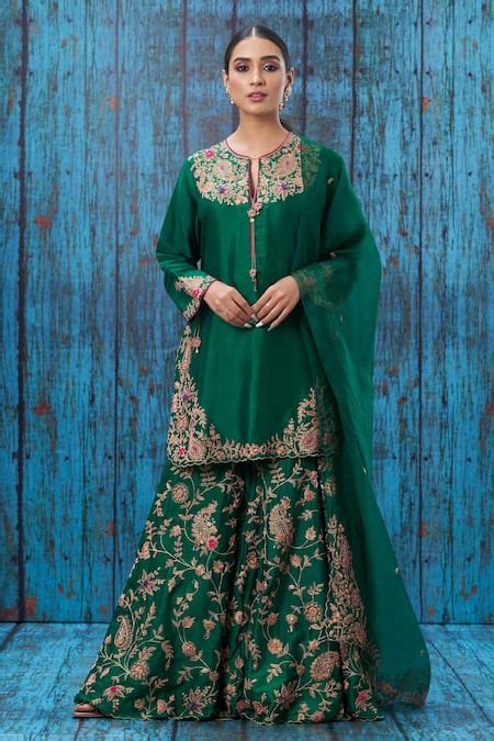 Buy Green Silk Embroidered Floral Notched Kurta Sharara Set For Women