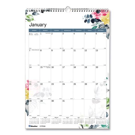 12 Month Colorful Wall Calendar Watercolor Floral Artwork 12 X 17