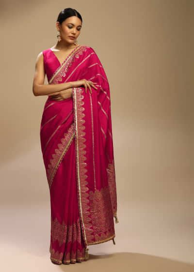 Buy Rani Pink Saree In Dola Silk With Multi Colored Woven Diagonal