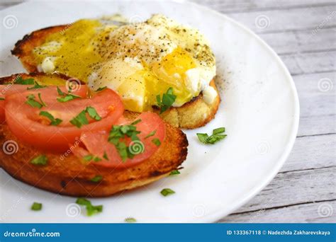 Crispy Toast Scrambled Eggs And Tomatoes Stock Photo Image Of Plate