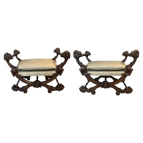 Pair Of Th Century French Louis Xiv Carved Walnut Aubusson Stools At