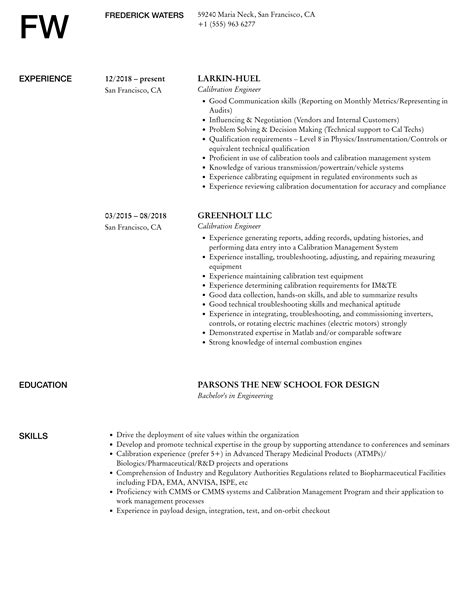 Calibration Engineer Resume Samples Velvet Jobs