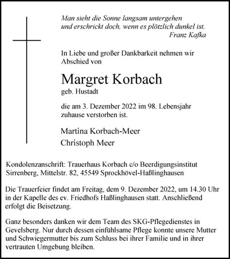 Traueranzeigen Von Margret Korbach Trauer In NRW De