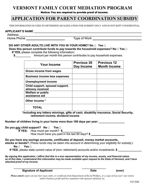 Vermont Application For Parent Coordination Subsidy Fill Out Sign