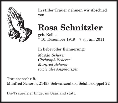 Traueranzeigen Von Rosa Schnitzler Kollet Saarbruecker Zeitung Trauer De