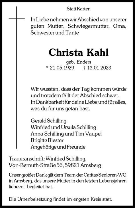 Traueranzeigen Von Christa Kahl Trauer In NRW De