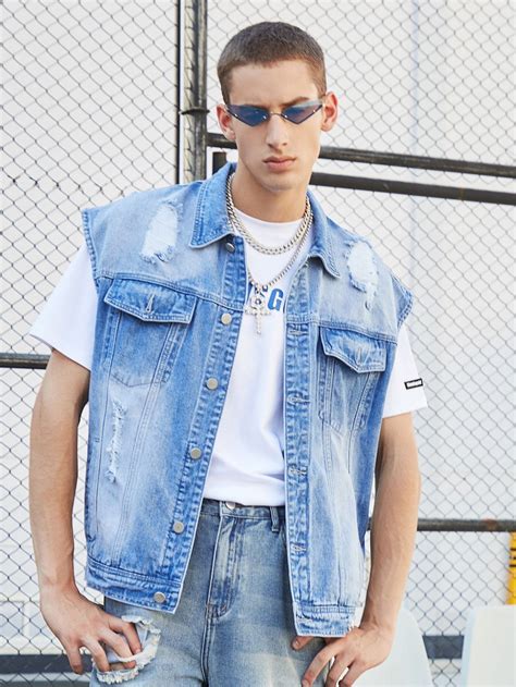 Men Ripped Pocket Front Sleeveless Denim Jacket Denim Outfit Men