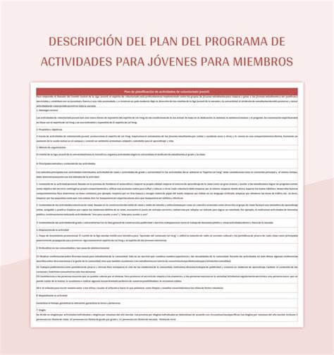 Plantilla de Excel Descripción Del Plan Del Programa De Actividades