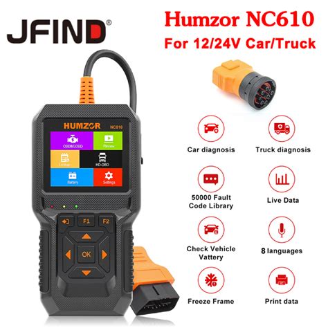 HUMZOR NC610 12V 24V Car Truck OBD 2 Code Reader OBD2 Engine J1939 For