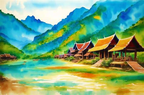 Premium Photo | A chinese village watercolor painting of a tranquil chinese village generative ai