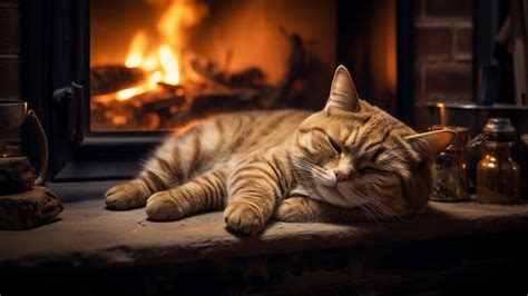 Relax With Purring Cat And Crackling Fireplace Sleep In Cozy Winter