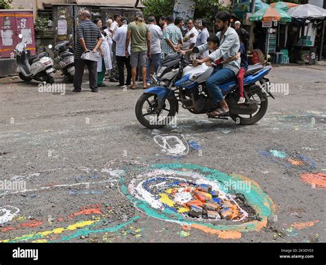 Mumbai India 26th Sep 2022 A Motorcyclist Rides Past A Pothole