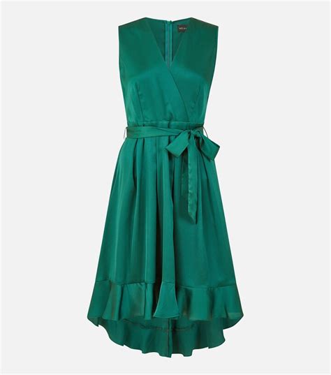 Yumi Dark Green Satin Dip Hem Midi Wrap Dress ShopStyle