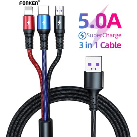 Fonken สายชาร์จเร็ว5aสายชาร์จเร็ว3 In 1สาย Micro Usb Type C สายชาร์จ