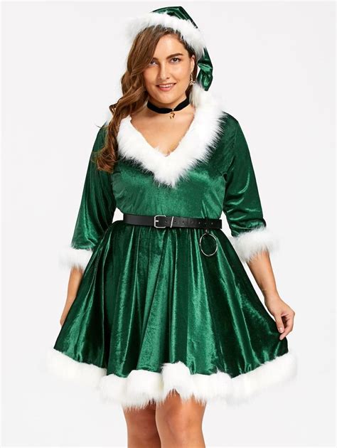 Plus Size Christmas Faux Fur Panel Velvet Dress With Hat Vintage Long