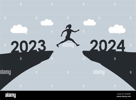 Woman Jumping Over A Cliff From 2023 To 2024 Happy New Year Stock