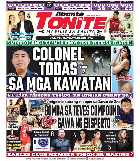 Tonite Front Page Balita Ngayong Marso 27 2023 Abante Tonite