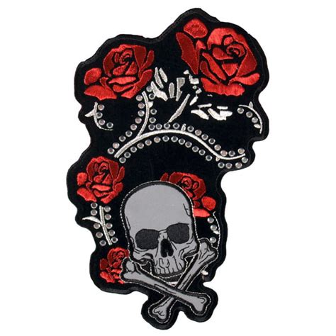 Red Foil Roses And Skull Patch Embroidered Skull Heat Seal Backing