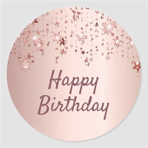 Happy Birthday Rose Gold Glittery Stars Pink Classic Round Sticker