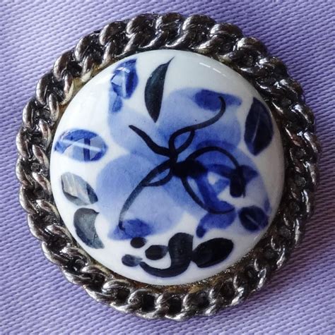 Vintage Blue White Ceramic Floral Brooch By EXQUISITE Brooch