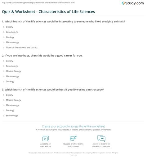 Quiz & Worksheet - Characteristics of Life Sciences | Study.com ...