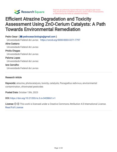 Pdf Efficient Atrazine Degradation And Toxicity Assessment Using Zno