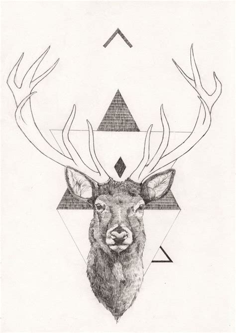 Lovely Grey Ink Deer With Geometric Ornaments Tattoo Design Tattooimages