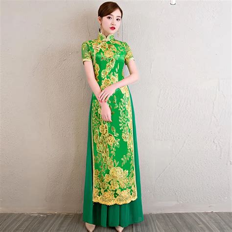 Vietnam Ao Dai Dress Cheongsam Green Qipao Long Traditional Chinese