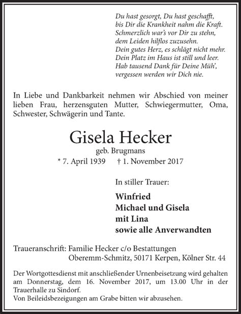 Traueranzeigen Von Gisela Hecker Wirtrauern