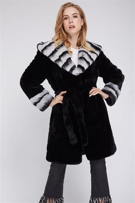 Black Rex Rabbit Fur Coat With Chinchilla Collar Hood 1807017 Lvcomeff