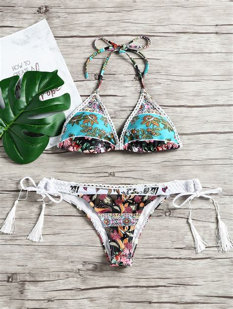 29 OFF Low Waist Floral Tassel Bikini Set Rosegal