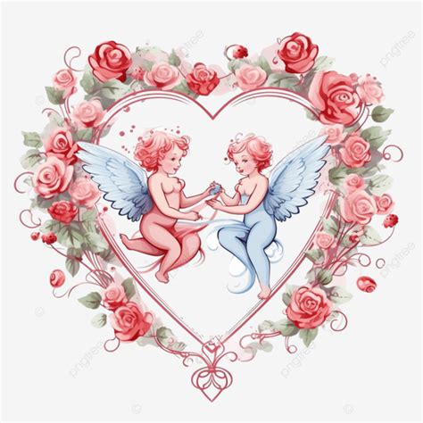 Cupids Hearts Flowers And Ring Valentines Day Heart Frame Happy