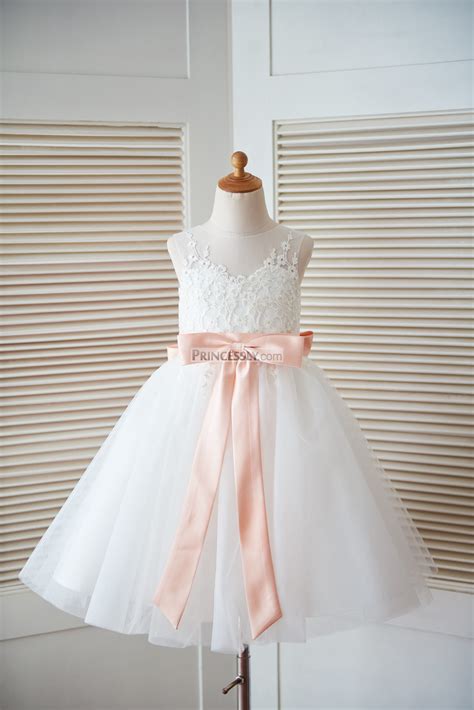 Ivory Lace Tulle Keyhole Back Flower Girl Dress With Blush Pink Bow Avivaly