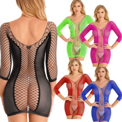 Women S Fishnet Mini Dress Mesh Sheer Lingerie Teddy Bodysuit Chemise Nightwear Ebay