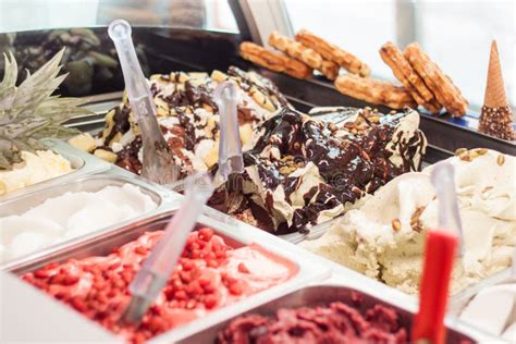 Mixed Colourful Gourmet Ice Cream Sweet Gelato In Shop Display Stock