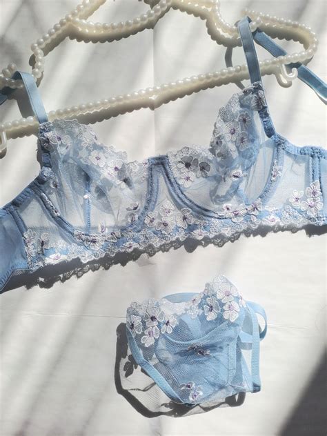 Blue Floral Lingerie Set Sheer Bra Transparent Underwear Gifts For Her Etsy