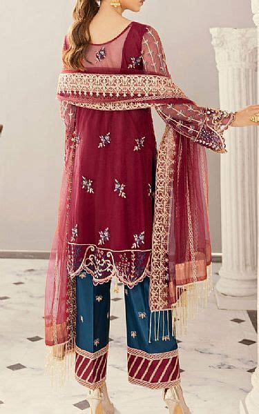 Akbar Aslam Crimson Net Suit Pakistani Embroidered Chiffon Dresses