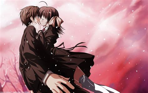 Download Romantic Anime Couple Kissing Pink Sky Wallpaper